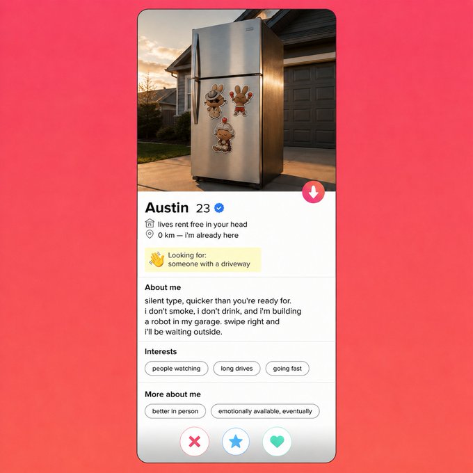 A mock dating app profile featuring "Austin, 23" who lives rent-free in your head and is seeking someone with a driveway, with the image humorously displaying him as a refrigerator named after Nikola, tying to the "Mystery Stock #10" post referencing pancakeswap.finance/stocks.
