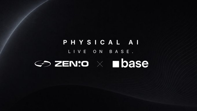 The image features a black background with white text that reads "Physical AI Live On Base" at the top, followed by the names of Zeno and Base. The ZenO company is now live streaming their Physical AI data network for robotics and embodied AI using real-world egocentric interaction data. ZenO's core contribution activity across the ZenO network is being integrated onchain through Base.