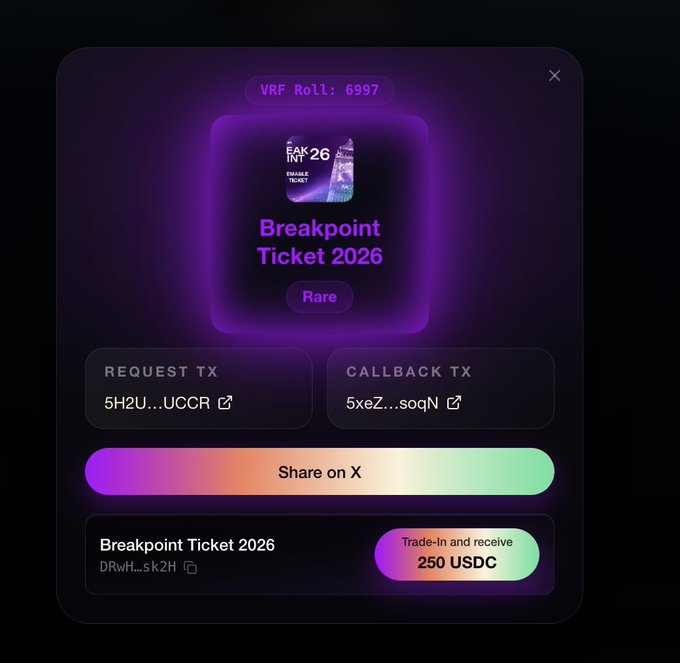 The image shows a digital interface for a "Breakpoint Ticket 2026" labeled as a "Rare" NFT, with a VRF Roll number of 6997 and transaction hashes for the request and callback. It displays options to share on X and a trade-in offer of 250 USDC. The image directly corresponds to the post, confirming the user's win of the Breakpoint Ticket 2026 from the @magicblock Questline.