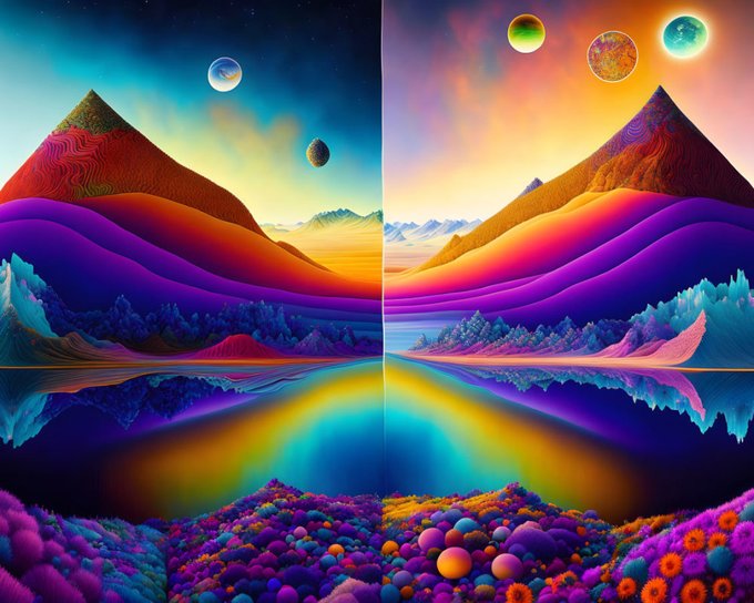 A vibrant, surreal digital artwork showing a colorful landscape featuring mountains, planets, and a rainbow over a body of water.
