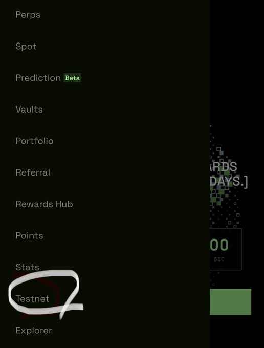 A cryptocurrency trading platform's menu interface with various options like "Perps," "Spot," and "Prediction Beta," where "Testnet" is circled in white.