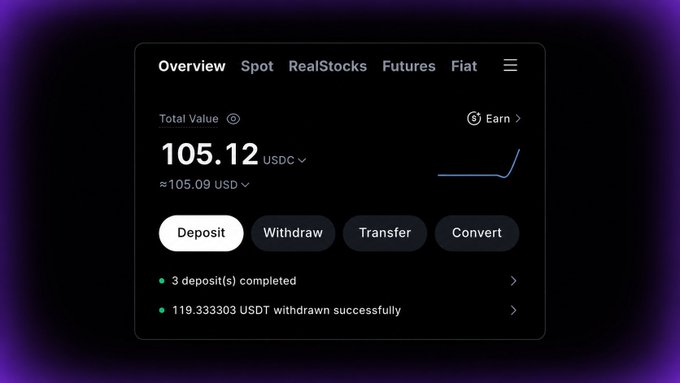 A cryptocurrency wallet dashboard displaying a Total Value of 105.12 USDC (approximately 105.09 USD) with navigation tabs for Overview, Spot, RealStocks, Futures, and Fiat.