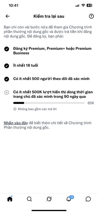 A Vietnamese-language Instagram account review screen ('Kiểm tra lại sau') showing requirements for original content monetization, including Premium subscription, being 18+, 500 followers, and 500K views in 90 days (currently at 85K).
