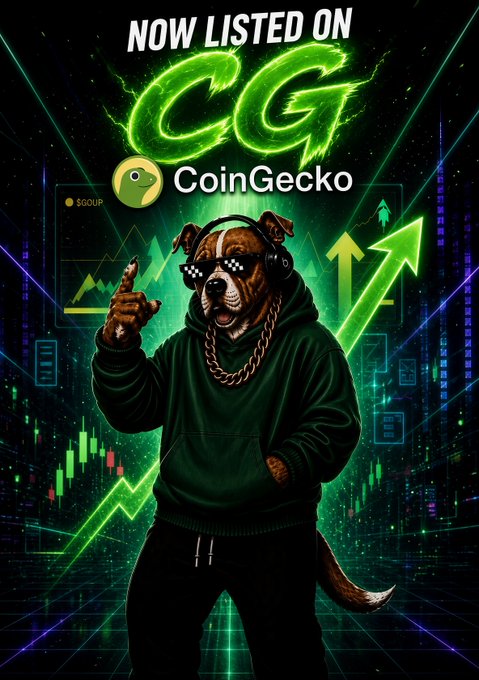 Crypto promotional graphic reading 'NOW LISTED ON CoinGecko' with ticker $CGUP, featuring a muscular pitbull wearing pixelated sunglasses and gold chains against a green neon chart background with upward arrows.