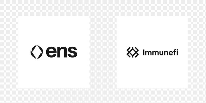Logos for "ens" (Ethereum Name Service) and "Immunefi" displayed side by side on a white background with a checkered border.