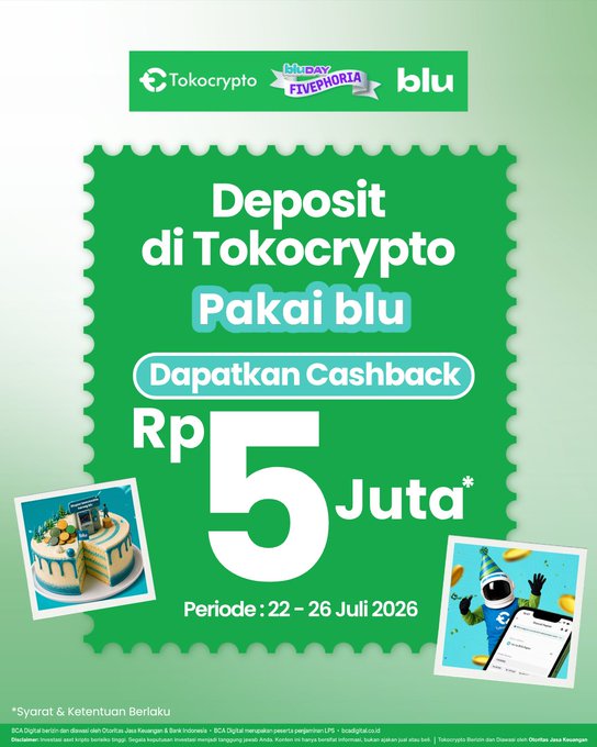 A green promotional graphic featuring Tokocrypto and blu logos, advertising a cashback of up to Rp5 Juta for deposits made using blu during the "bluDay Fivephoria" event from 22–26 Juli 2026. The image visually supports the post's announcement of the special crypto deposit cashback offer in collaboration with blu.