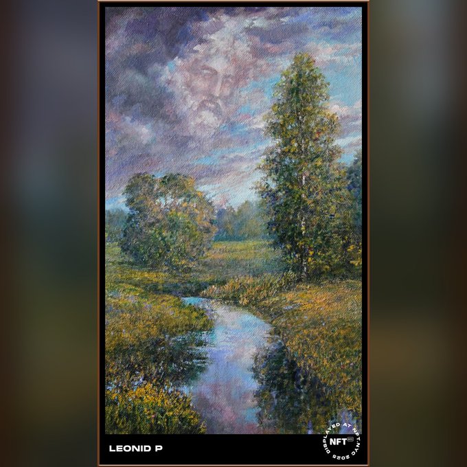 A framed impressionist landscape painting by Leonid P depicting a meandering stream through a meadow with trees under a dramatic cloudy sky, displayed with the text "LEONID P" and an "NFT TIMES SQUARE" logo. The artwork is being showcased as part of the Times Square NFT Challenge, as referenced in the post promoting a limited edition collection.