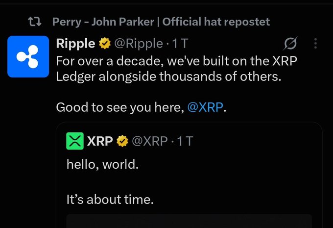 A Ripple post says it has built on the XRP Ledger for over a decade and welcomes “@XRP,” with an embedded post from XRP reading “hello, world. It’s about time.”