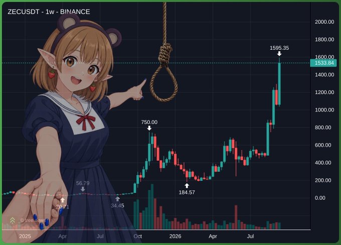 A financial chart titled 'ZECUSDT - 1w - BINANCE' showing a sharp upward price movement to 1595.35, overlaid with an anime-style illustration of a girl with bear ears pointing toward a hangman's noose.