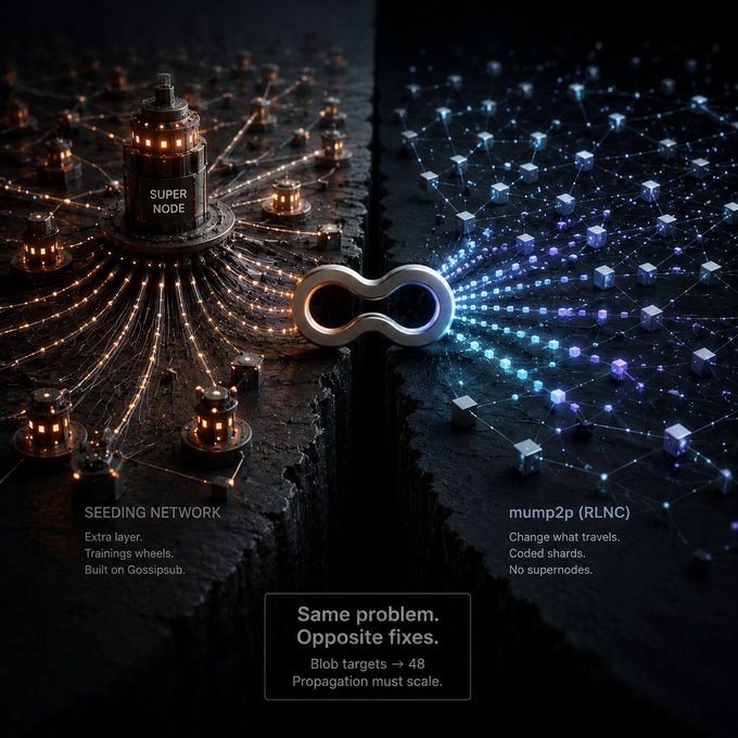 A split-frame illustration contrasts two proposed solutions to blob propagation challenges: the left side shows a "SEEDING NETWORK" with a central "SUPER NODE" connecting to smaller nodes via warm orange cables ("Extra layer. Training wheels. Built on Gossippub."), while the right side depicts a decentralized "mump2p (RLNC)" mesh of interconnected cubes in cool blue ("Change what travels. Coded shards. No supernodes."). An infinity symbol bridges the two approaches above the central text "Same problem. Opposite fixes. Blob targets → 48. Propagation must scale."