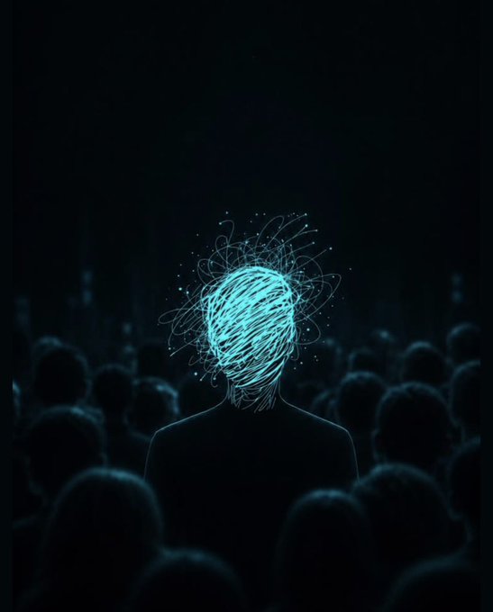 A dark, surreal digital artwork depicting a faceless silhouetted figure standing before a crowd, with the figure's head replaced by a glowing cyan scribbled sphere emitting energy lines, symbolizing the chaotic state of human consciousness.