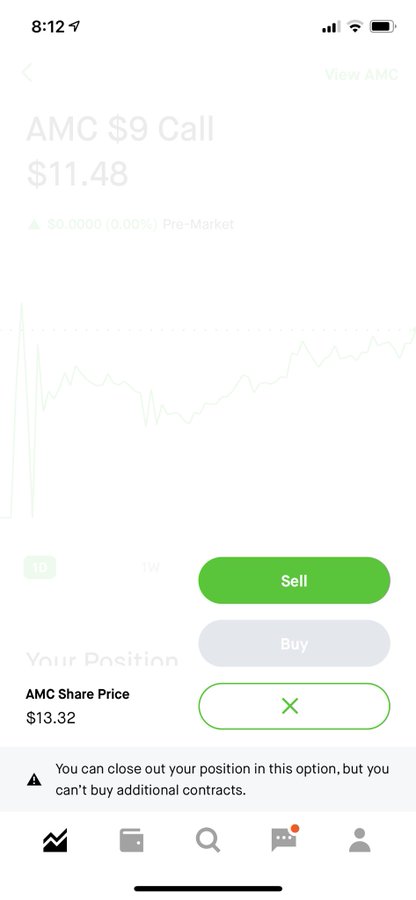 A Robinhood app screenshot showing an AMC $9 Call option priced at $11.48 with a grayed-out "Buy" button that cannot be selected, only allowing the user to sell or close their existing position. A notification at the bottom confirms: "You can close out your position in this option, but you can't buy additional contracts," illustrating the platform's restriction on purchasing more AMC call options.