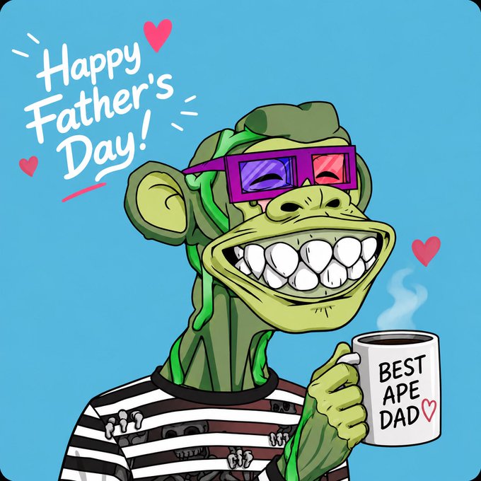 The image features a cartoon monkey wearing glasses, holding a coffee cup, and smiling at the camera. The background of the image has a blue color that matches the monkey's eyes. In the bottom right corner of the image, there is text that reads "Happy Father's Day! Best Ape Dad!". This message seems to be related to the cartoon character in the image, as it appears to be a playful and humorous way of celebrating Father's Day with an Ape dad.