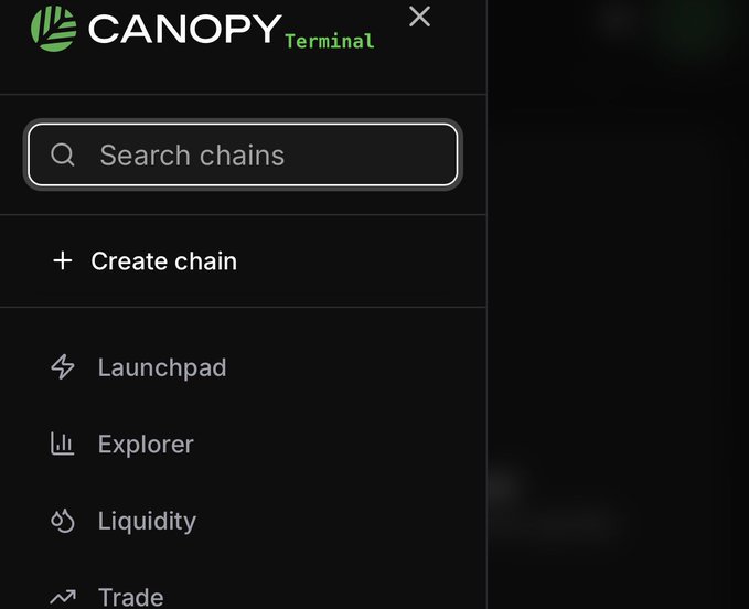 A dark-themed interface panel for "CANOPY Terminal" featuring a search bar labeled "Search chains," a "+ Create chain" option, and navigation menu items: "Launchpad," "Explorer," "Liquidity," and "Trade."
