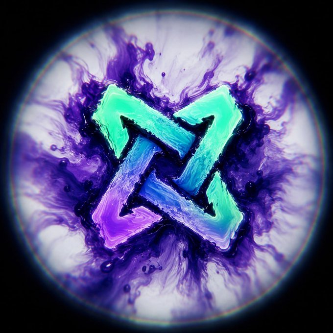An abstract circular image featuring a stylized 'Z' or lightning-bolt-like symbol in teal and blue, surrounded by swirling purple and white ink-like patterns.