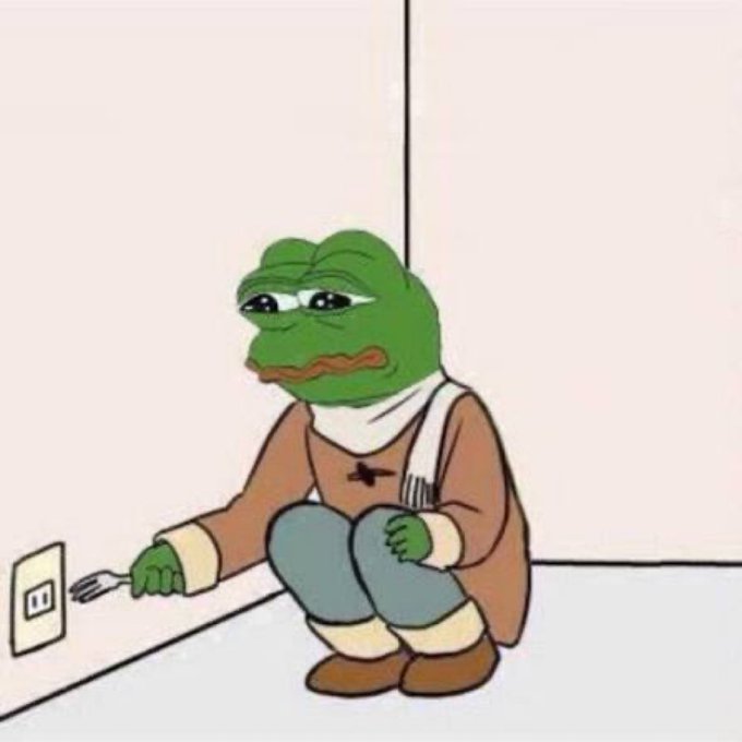 Sad Pepe the Frog crouches near an electrical outlet holding a fork, appearing defeated and tearful in a sparse room. The image humorously illustrates the post's sentiment of frustration after a trader sold $40,000,000 in BTC, causing the poster's long position to suffer.