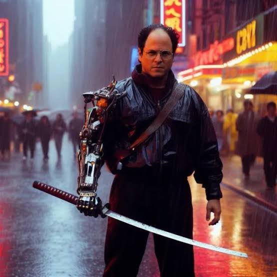 A cyberpunk-styled figure stands in a rainy neon-lit city street wielding a sword and a cybernetic arm.
