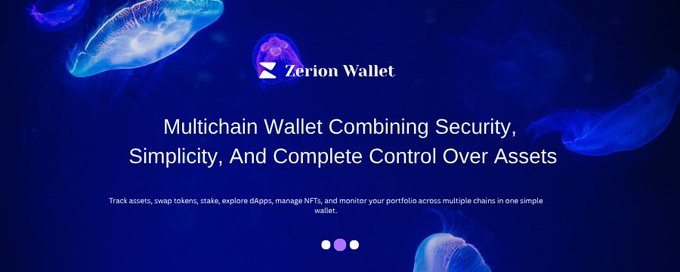 A promotional graphic for 'Zerion Wallet' featuring blue jellyfish imagery on a dark blue background, with text describing it as a 'Multichain Wallet Combining Security, Simplicity, And Complete Control Over Assets.'