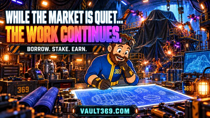 A promotional banner for Vault369.com featuring a cartoon mechanic sketching blueprints reads "WHILE THE MARKET IS QUIET... THE WORK CONTINUES. BORROW. STAKE. EARN."