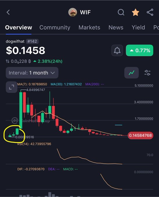 A CoinMarketCap overview for the WIF token (dogwifhat) showing a price of $0.1458, up 2.38% over 24 hours. A monthly candlestick chart is displayed with moving averages (MA7, MA30) and RSI, with a yellow circle highlighting the bottom of the chart.