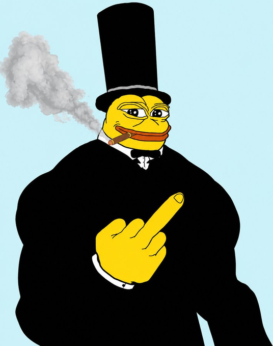 A cartoon illustration of a yellow anthropomorphic duck wearing a black top hat and suit, smoking a cigar and raising a middle finger against a light blue background.