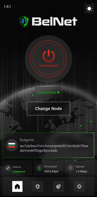 A screenshot of the BelNet VPN app interface showing a "Disconnect" power button, a "Connected" status with a Bulgaria node selected, and download/upload speeds of 820.6 Kbps and 1.6 Mbps.