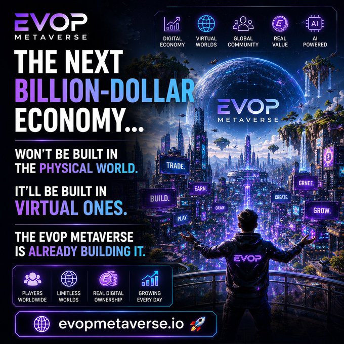 Another EVOP Metaverse promotional image with the headline 'THE NEXT BILLION-DOLLAR ECONOMY... WON'T BE BUILT IN THE PHYSICAL WORLD. IT'LL BE BUILT IN VIRTUAL ONES,' featuring a figure overlooking a futuristic city with floating islands and icons for Digital Economy, Virtual Worlds, Global Community, Real Value, and AI Powered.
