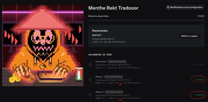 The image shows a minting interface titled "Menthe Rekt Tradoor" displaying available elements for 10,000 total, with Phase 1 and Phase 2 marked as "ÉLIGIBLE" (eligible) in red, supporting the post's message about successful minting of both phases via the @RektMkts subscription.