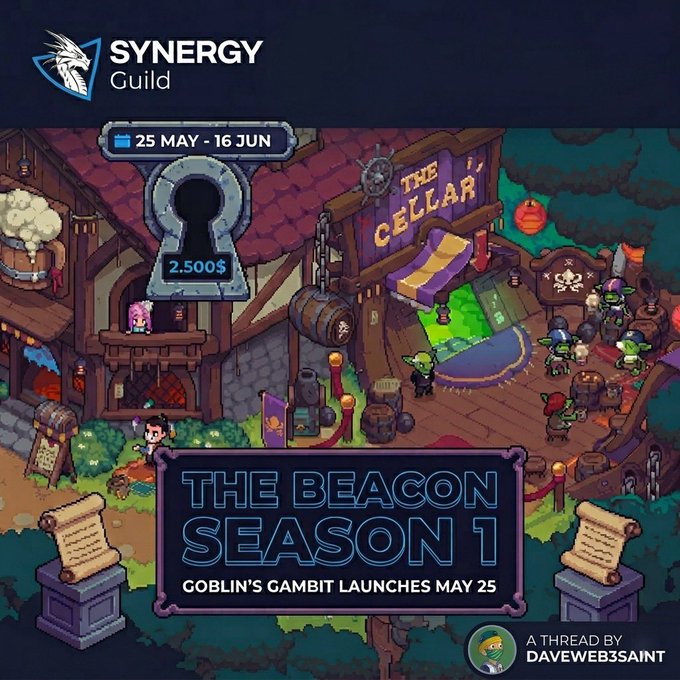 A promotional poster for the game "The Beacon Season 1" features a castle, a keyhole, and text about the game's release date and its connection to the "Synergy Guild".