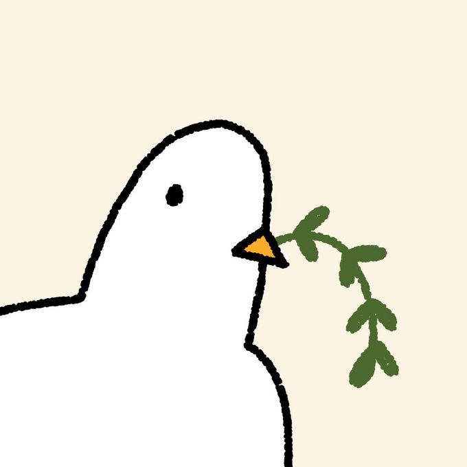 A simple line drawing illustration of a white bird with an orange beak holding a green olive branch in its mouth against a beige background.