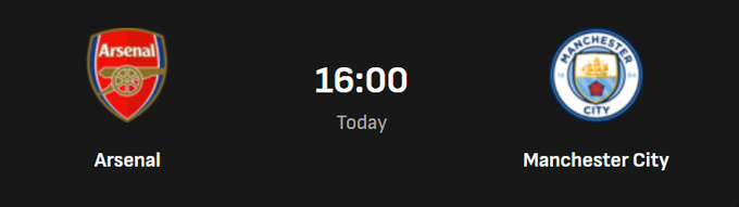 A sports match graphic showing Arsenal vs Manchester City scheduled for 16:00 today.