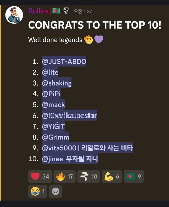 A screenshot of a Snapchat post by 'Rollins' congratulating 'THE TOP 10!' users, listing handles like @JUST-ABDO, @lite, and @shaking, with various reaction emojis and counts.