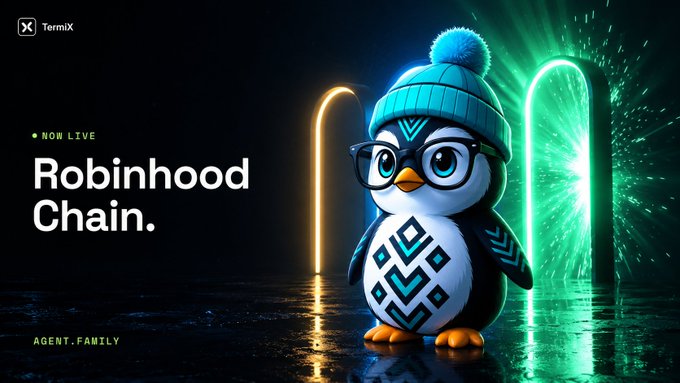 A promotional image for 'Robinhood Chain' featuring a cute cartoon penguin mascot wearing a blue beanie and glasses, with glowing neon accents.