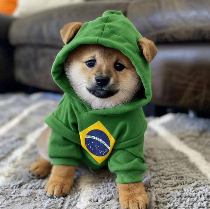 An adorable puppy wearing a green hoodie featuring a Brazilian flag that reads 'ORDEM E PROGRESSO'.