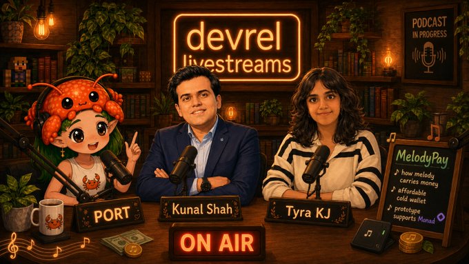 A vibrant podcast-style promo for "Devrel Livestreams #10" features hosts Kunal Shah and Tyra KJ seated at a desk with microphones, flanked by a cartoon crab mascot and a "PORT" nameplate, with a chalkboard listing MelodyPay topics like "how melody carries money," "affordable cold wallet," and "prototype supports Monad." The neon "devrel livestreams" sign and "ON AIR" indicator in the center align with the post's announcement of their Wednesday, July 29 livestream discussing MelodyPay, AI building tips, and Monad support.