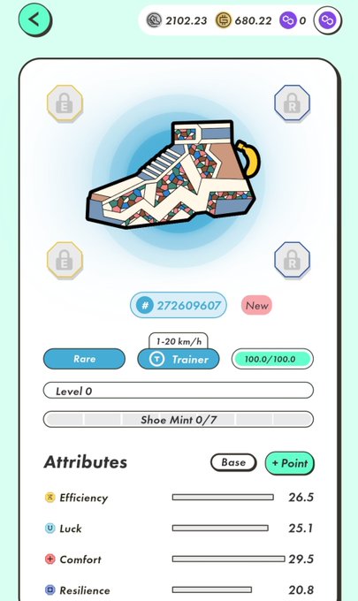 A mobile game interface shows a high-top sneaker NFT (#272609607) with 'Rare' and 'Trainer' tags, displaying attributes like Efficiency (26.5), Luck (25.1), Comfort (29.5), and Resilience (20.8).