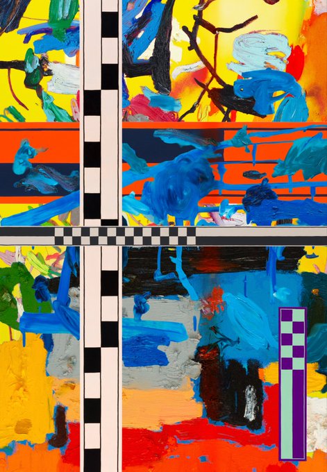 A colorful abstract painting featuring bold brushstrokes of blue, yellow, red, and black, with a pixelated '1' on the left side and a purple pixelated shape on the bottom right.
