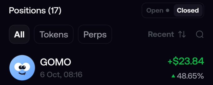 A trading app interface showing a 'Positions (17)' screen with 'GOMO' listed for 6 Oct, 08:16, showing a profit of +$23.84 (▲ 48.65%) under the Closed tab.
