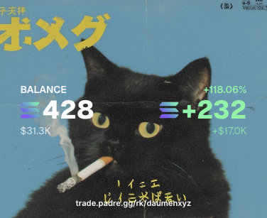 A black cat with yellow eyes is featured against a bright blue background with Japanese text, overlaid with crypto trading stats showing a balance of "428" ($31.3K), a gain of "+232" (+$17.0K), and a "+118.06%" return, with the handle "trade.padre.gg/rk/datumenhyz" displayed—visually highlighting the poster's impressive $17,000 daily memecoin trading profits mentioned in the caption.