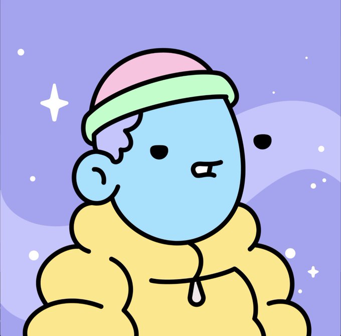 A cartoon character with blue skin wears a colorful beanie and a puffy yellow jacket against a purple background decorated with stars and clouds.