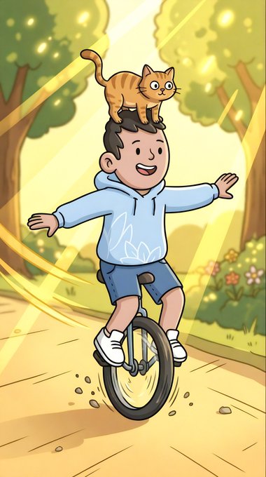 iced cat on a man's head, wearing a blue hoodie and shorts, riding an unicycle with white wheels through a sunlit park.