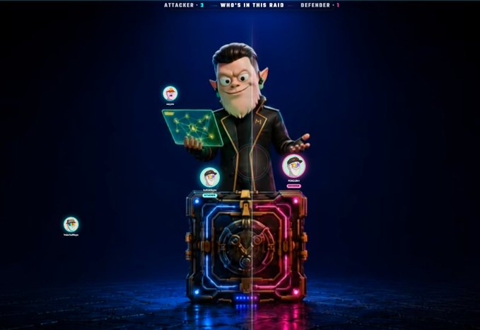 A 3D animated character with pointy ears stands behind a neon-lit geometric chest, with a leaderboard showing 'ATTACKER - 3 WHO'S IN THIS RAID DEFENDER - 1' at the top.
