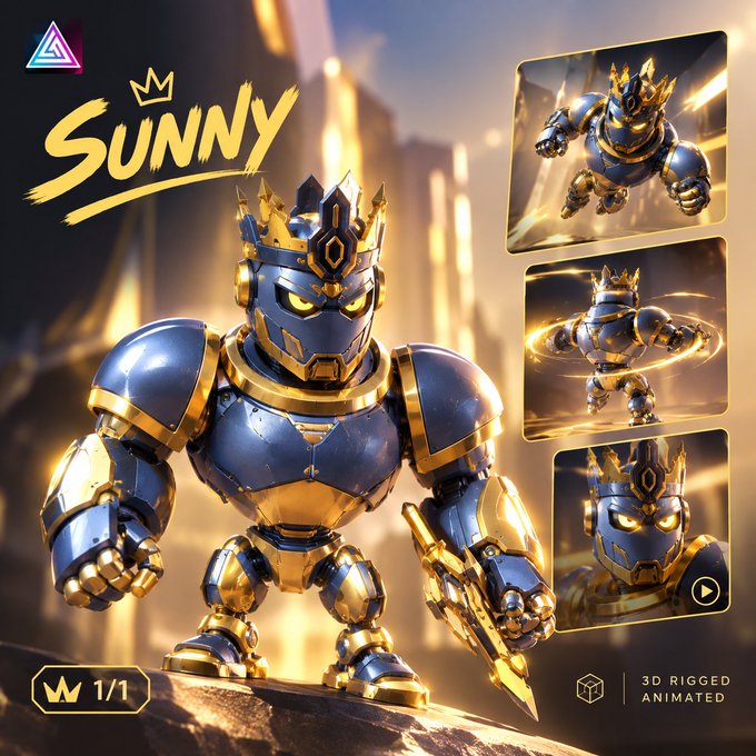A promotional image showcases a 3D-rigged animated robot character named "SUNNY," featuring blue and gold armor with a crown, displayed in multiple action poses with "3D RIGGED ANIMATED" text.