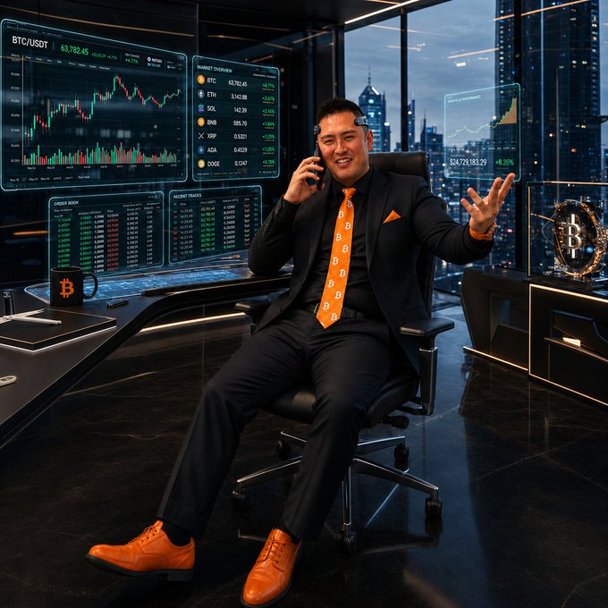 A confident crypto trader in a sharp black suit with a bright orange Bitcoin-patterned tie smiles while on a call in a high-tech office, surrounded by glowing screens displaying BTC/USDT at $63,792.45, market overviews, order books, and recent trades. The image embodies the post's message of chasing momentum and managing risk, with the trader's bold orange accessories and the prominently displayed Bitcoin symbol symbolizing turning crypto volatility into opportunity.