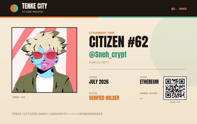 A 'Tenke City Citizen Registry' citizenship card for Citizen #62, username '@Sneh_crypt', with an illustration of a character with blue skin and red sunglasses, issued in July 2026 on the Ethereum chain.