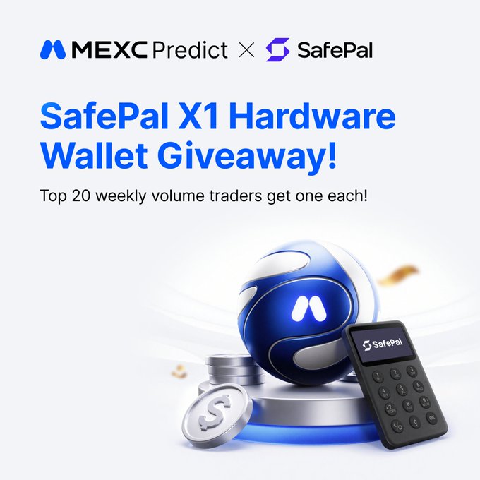 Promotional graphic for a MEXC Predict × SafePal collaboration giveaway featuring a SafePal X1 hardware wallet and a blue MEXC-branded sphere alongside silver coins, with text reading "SafePal X1 Hardware Wallet Giveaway!" and "Top 20 weekly volume traders get one each!" The image visually reinforces the post's announcement by showcasing the actual prize and highlighting that top weekly traders can earn it through trading volume.