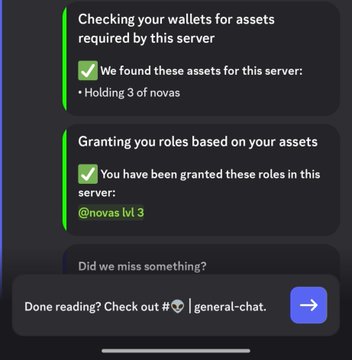A Discord bot message confirms asset verification, granting the user the @novas lvl 3 role for holding 3 novas in the server, directing to #general-chat.