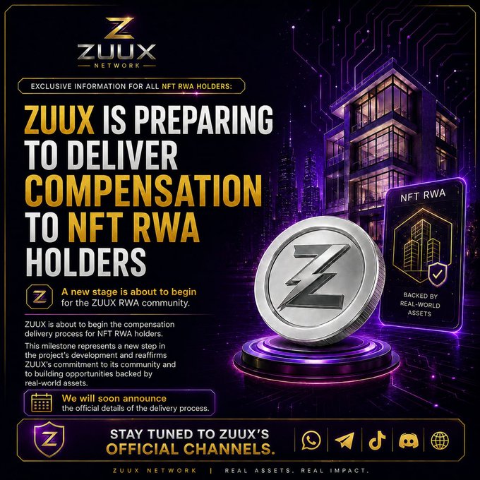 A promotional graphic for the 'ZUUX NETWORK' announcing they are preparing to deliver compensation to NFT RWA holders, featuring a large silver Z coin, futuristic buildings, and contact details like x18ex.io.