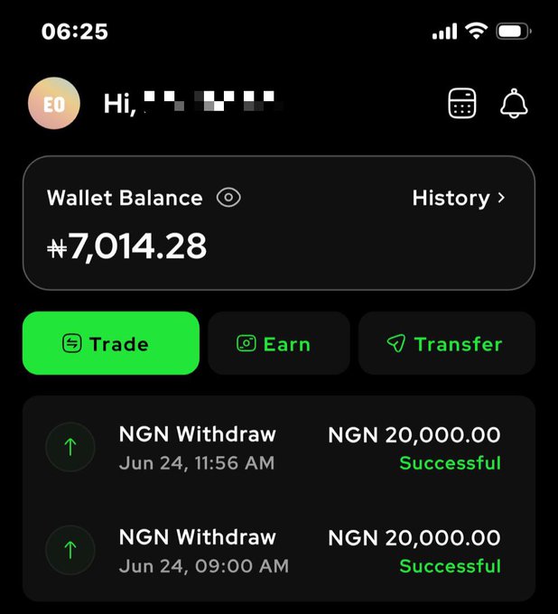 The image shows a digital wallet app displaying a balance of ₦7,014.28 with two recent successful NGN withdrawals of ₦20,000.00 each on Jun 24. The screenshot serves as proof of earnings from the Zone trading app, supporting the post's claim of making money and giving away 3k to two people.