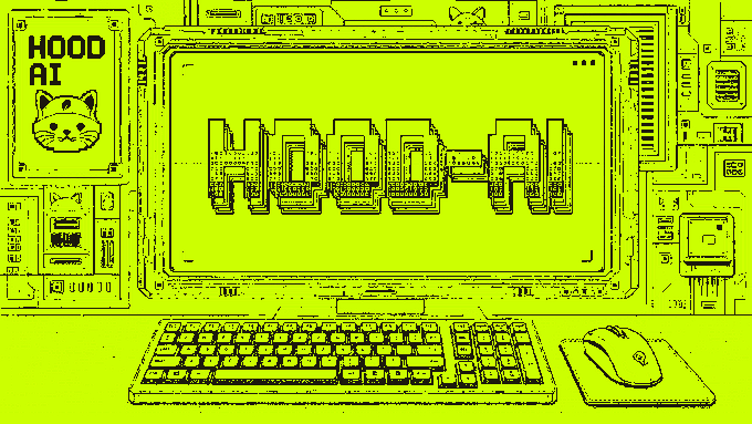 A neon green and black stylized illustration of a retro computer setup featuring the 'HOOD-AI' logo with a cat icon, keyboard, and mouse.